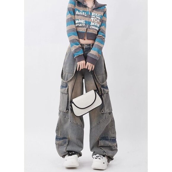 Gothic Denim Pants Women's Loose Wide Leg Stitching Casual High Rise - Picture 3 of 5